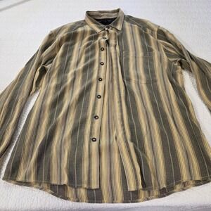 ExOfficio Mens XL Long Sleeve Button Up Shirt Olive Green Yellow Striped Mesh